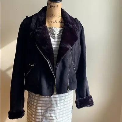 Zara Fur-lined And Fur-trimmed Biker Jacket XL Black Womens • $62