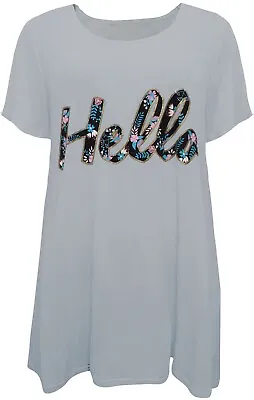 Grey Sheer T Shirt Longline Top Gold Outline Multi Hello Print Womens Plus Size • £11.95