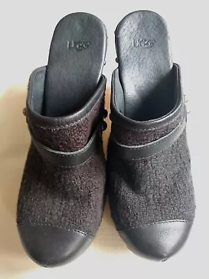 £16 • Buy Ladies UGG Clogs UK Size 6.5 Black Leather & Fabric Sherpa Lined Insoles 