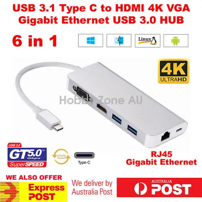 $23.85 • Buy USB 3.1 Type C To 4K HDMI VGA RJ45 Gigabit Ethernet USB HUB 6in1 Charge Adapter