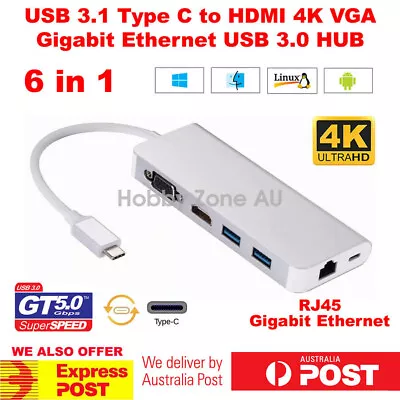 USB 3.1 Type C To 4K HDMI VGA RJ45 Gigabit Ethernet USB HUB 6in1 Charge Adapter • $28.85