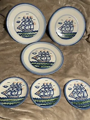 Vintage M A Hadley Pottery Sail Boat Ship 3 Dinner Plate 11” 3 Desert 6  Signed • $175