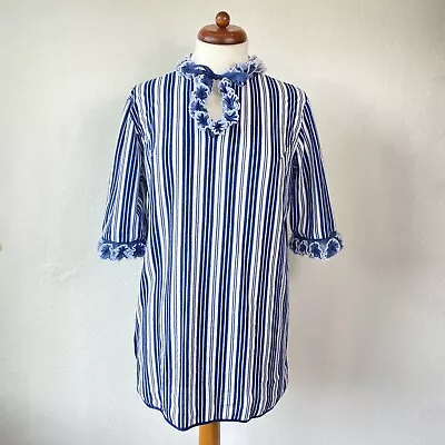 Vintage Blue Striped Frilly/Ruffle Neck Tunic Top Blouse Fit UK Size 12 • $3.73