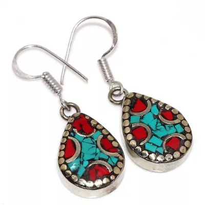 12gms Tibetan Turquoise Red Coral Nepali Tribal Earrings 1.6  Stylish Jewelry GW • $3.99