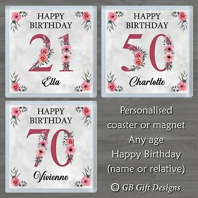 £3.35 • Buy Personalised Birthday Coaster Or Magnet Pink Poppy Flower Any Age & Name Gift
