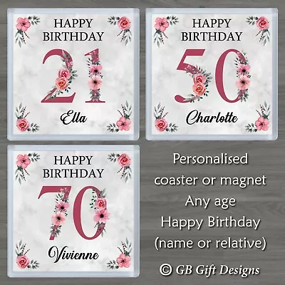 Personalised Birthday Coaster Or Magnet Pink Poppy Flower Any Age & Name Gift • £4.25