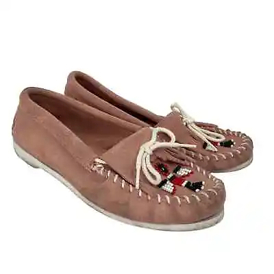 Minnetonka Pink Leather Eagle Beaded Moccasins Size 6.5 • $19