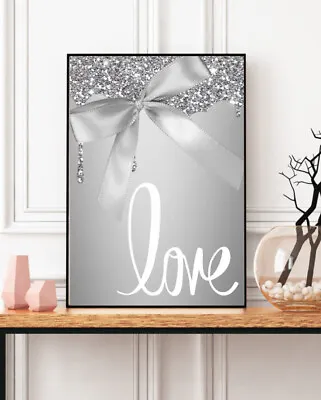 Digital Glitter Print Silver & White Love Couples A4 Bedroom Picture Wall Art • £5.79