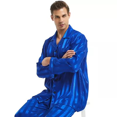 Mens Silk Satin Pajamas Sets Long Sleeves Pajamas Sleepwear Nightwear Loungewear • $39.98