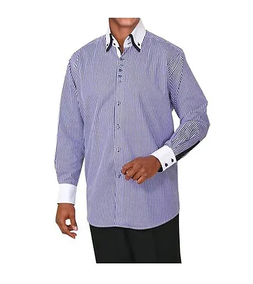 Men's Casual Button Down Double Collar Striped Dress Shirt 606 Black Navy Wine • $0