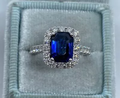 4.00 Ct Emerald Simulated Blue Sapphire Halo Engagement Ring 14K White Gold Over • $349.99