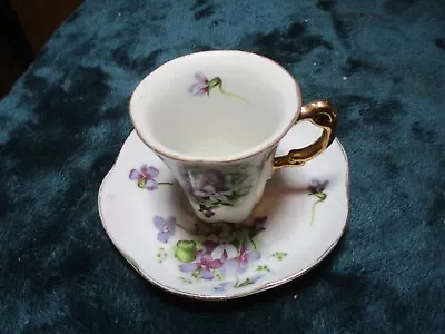 Vintage Miniature Porcelain Teacup Saucer Purple Flowers Gold Trim Japan • $5.59