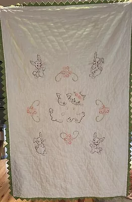 ViNTAGE Baby EASTER Quilt HAND STITCHED Embroidered Rabbits Bunnies Scallop Edge • $30