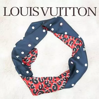 Authentic Louis Vuitton Leopard Dot Pattern Navy Red Scarf 118cm All Season • £156.60