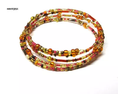 BEADED MEMORY WIRE BANGLE - ORANGE & GOLD GLASS BEADS - 60mms DIAMETER...sm0391 • £5