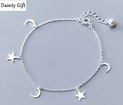 Women Moon And Star 925 Sterling Silver Dangle Pearl Anklet Bracelet 8.25-9.25  • $15.99