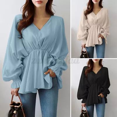 UK Womens Flare Peplum Puff Sleeve Top Shirt Casual Pullover V Neck Tunic Blouse • £18.62