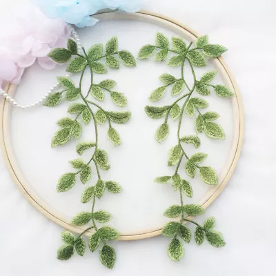 Green Leaves Lace DIY Trim Embroidery Costume Motif Bridal Dress Applique 1 Pair • £3.69