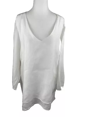 La Fixsun Linen Top Women L Asymmetric White Sharkbite Hem 3/4 Sleeve Lagenlook • $32