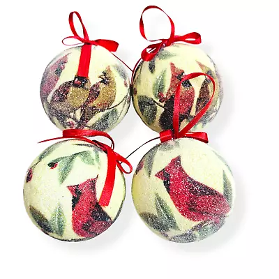 Cardinal Red Bird Sugared Christmas Ornaments 4 Piece Set 2 Inch Red Ribbon • $19.60