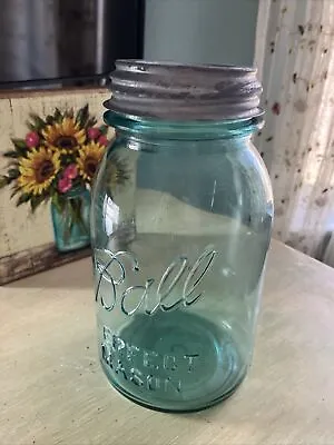 Vintage BALL Blue Glass Perfect Mason Canning Jar Zinc & Porcelain Lid Quart #0 • $7.50