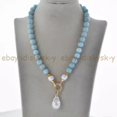 Natural Blue Aquamarine Gems Beaded White Keshi Baroque Pearl Pendant Necklace • $13.48