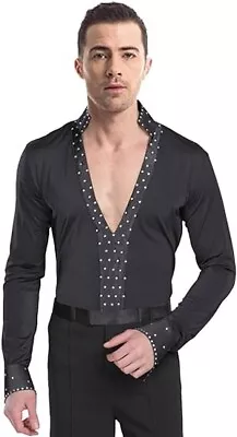 Men V Neck Tango Dancewear Latin Salsa Dance Shirt Ice Skating Tops Size UK M • £21.90