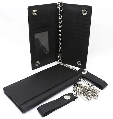 Bifold Black Genuine Leather Checkbook Holder Snap Button Wallet With A Chain • $23.99