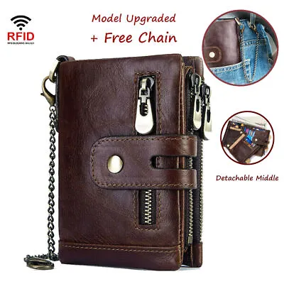Men's RFID Blocking Wallet Leather Purse Card Slots Coins Holder Chain UK Stock • £13.99