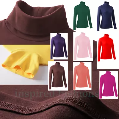 LADIES LONG SLEEVE POLO NECK ROLL NECK TOP WOMEN TURTLE NECK PLAIN Jumper UK • £7.99