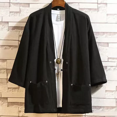 Plus Size Kimono Men Cardigan Japanese Kimono Shirt Cotton Linen Coat Streetwear • $24.46