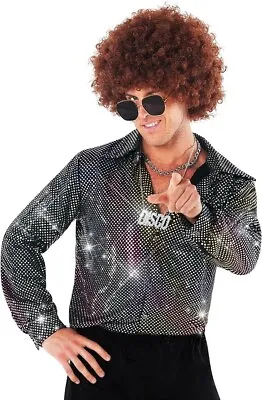 Men`s Silver Disco Dude Shirt Adult 1970s Dance Costume Retro Fancy Dress S-2XL • £22.99