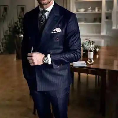 Chic Pinstripe Navy Men Suits 2 Piece Set Formal Double Breasted Peak Lapel Suit • $92.99