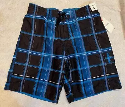 NWT Speedo Men's Black Plaid Mesh Lined Swim Trunks Pocket Shorts Sz Large • $14.99