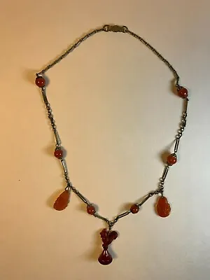 Vintage Orange Buddha Red Rooster Jade Choker Crowned Bead Pray Chain Necklace  • $17.99