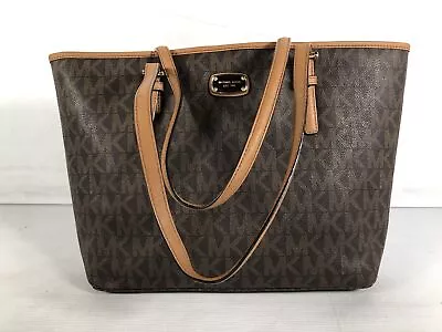 Michael Kors Womens Brown Beige Monogram Coated Canvas Pockets Large Tote Bag • $35