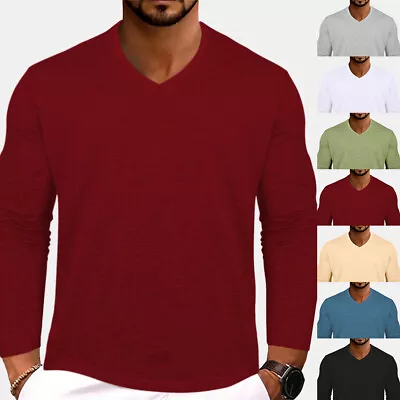 Mens V Neck Pullover Solid Long Sleeve T-shirts Skinny Casual Blouse Top Teea US • $17.54