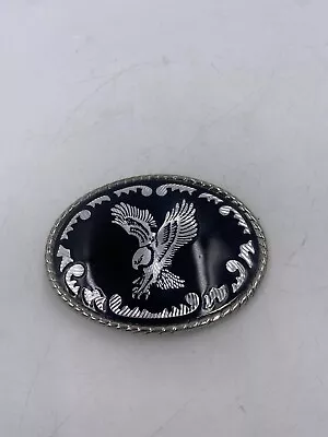 Vintage Belt Buckle Black And Silver Diamond Cut American Eagle Made In USA • $18