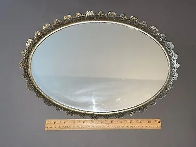 Vtg Victorian Brass Tone Oval Flower Design Trim Mirror Table Mirror Vanity Tray • $54.68