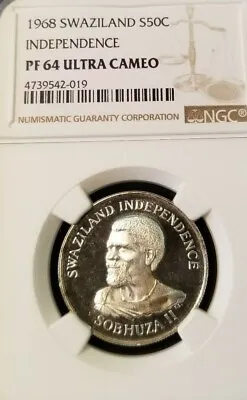 $95 • Buy 1968 Swaziland Silver 50 Cents Independence Ngc Pf 64 Ultra Cameo Frosty Coin