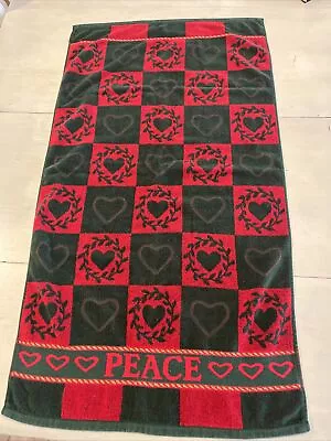 Vintage Christmas Bath Towel Red & Green Hearts Wreath “PEACE” Holiday 21” X 39” • $8.50