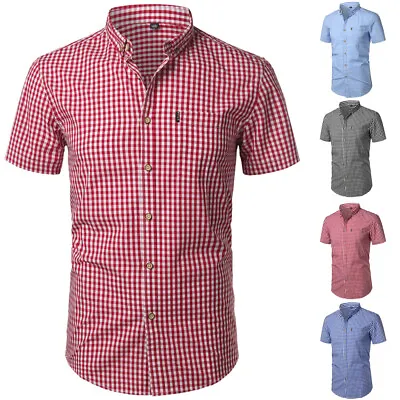 Mens Short Sleeve Plaid Shirt Striped Checked Cotton Summer Office Work Tops • £12.34