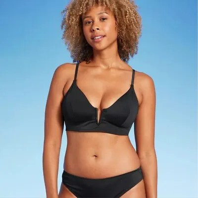 Women's Ribbed Longline V-Wire Bikini Top - Shade & Shore™ -  Black - 36D • £13.28