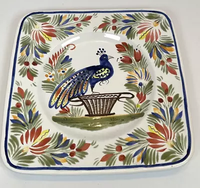 Vintage HB Quimper Square Plate With Peacock Decoration French Hand Made Pottery • $25