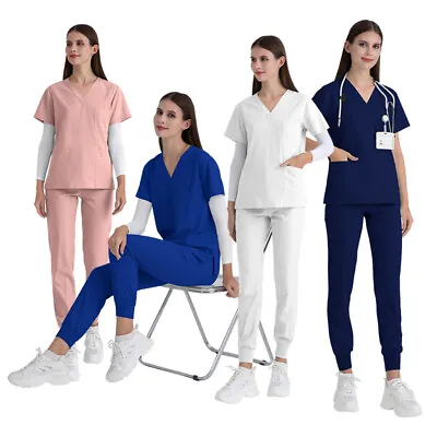 Jogger Stretch Scrub Set Women Nurse White Scrub Uniform V-Neck Top Jogger Pant • $18.97