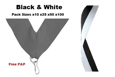 BLACK & WHITE MEDAL RIBBONS LANYARDS WITH CLIP 22mm WOVEN PACKS OF 10/25/50/100 • £1.99