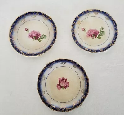  Vintage Sterling China Dessert Plates 3 Qty Roses Gold Rim 6 1/8  Crazing • $18.59