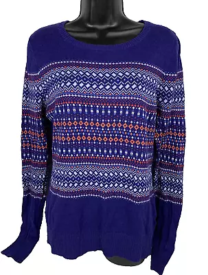 Merona Women Sweater Size Large Blue Long Sleeve Pullover Fair Isle Classic • $19.99