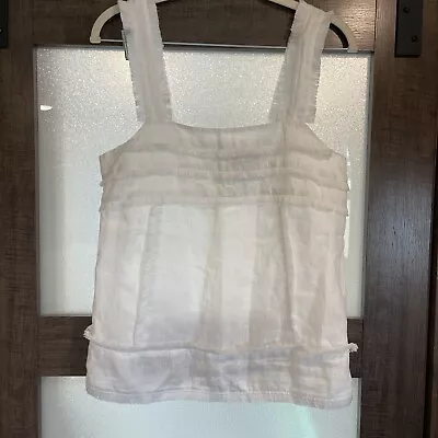 J Crew Fringed 100% Linen Tank Top Solid White Wide Straps Square Neck Sz4 • $18.87