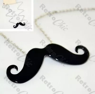 KITSCH Mustache CURLY MOUSTACHE Pendant NECKLACE Silver/black QUIRKY Retro Tash • $3.16